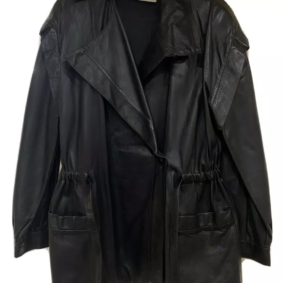 Bloomingdales 90's Y2K black leather jacket ~ Wide Lapel, Waist Length M Oversiz - Picture 1 of 7